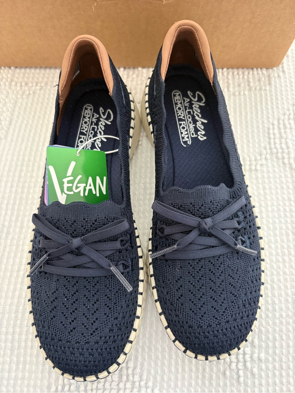 Skechers Navy Knit Slip-On Loafers with Tan Collar Accent